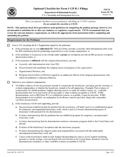 Formulaire M-736, Liste de contrôle facultative pour les dépôts du formulaire I-129 R-1