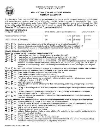 Formulário BMV 2070 Ohio