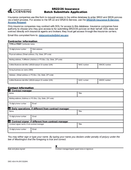 SR22/26 Forsikring Batch Indsendtals ansøgning | Washington