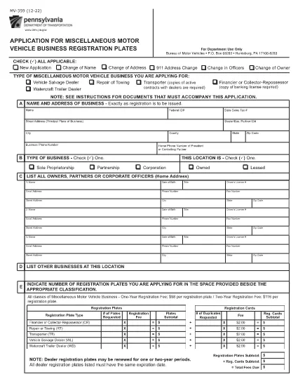 Form MV-359 Pennsylvania