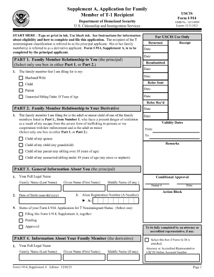 Form I-914, Supplement A, Application for Family Member of T-1 Recipient