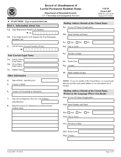Form I-407, Record of Abandonment of  Lawful Permanent Resident Status