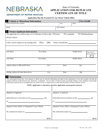 Nebraska Duplicate Certificate of Title Application