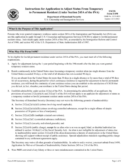 Instruções para o formulário I-698, Aplicação para ajustar o status do residente temporário para permanente (seção superior 245A do INA)