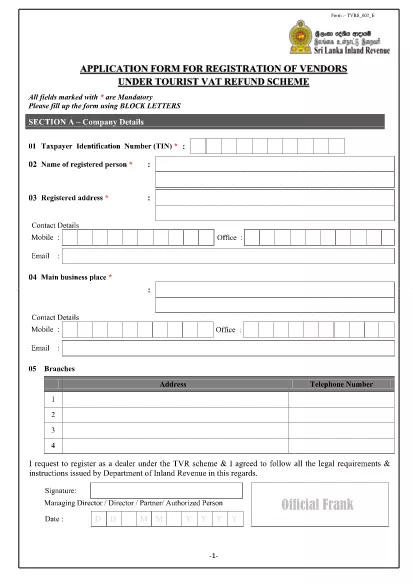 Sri Lanka Aanvraagformulier voor de registratie van verkopers in het kader van het VVV-teruggavestelsel