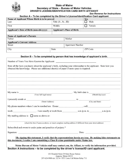 Водительское удостоверение / ID Card Birth Affidavit in Maine