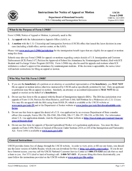 Instrukcijos I-290B formai, pranešimas apie apeliaciją arba pasiūlymas