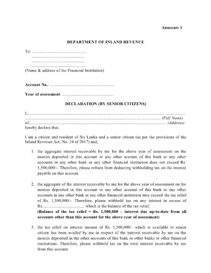 श्रीलंका वरिष्ठ नागरिकों द्वारा वित्तीय संस्थाओं को घोषणा के लिए फॉर्म