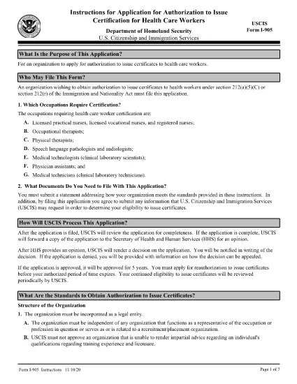 Anweisungen für Formular I-905, Antrag auf Zulassung zur Erteilung der Zertifizierung für Gesundheitswesen