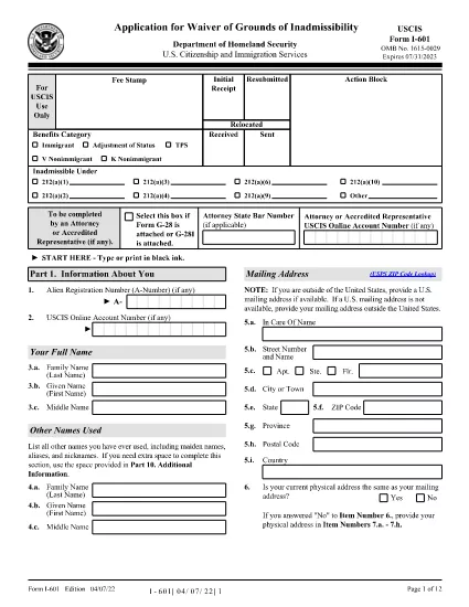 Form I-601, Application for Waiver of Grounds of Inadmissibility