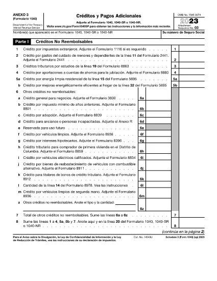 Form 1040 Schedule 3 (Versão Espanhola)