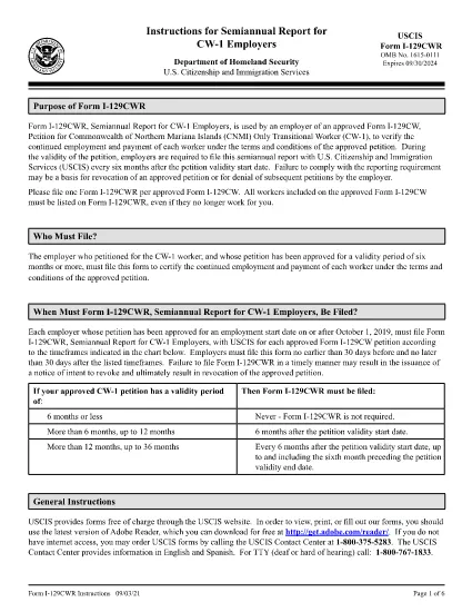 Instructions for Form I-129CWR, Semiannual Report for CW-1 Employers