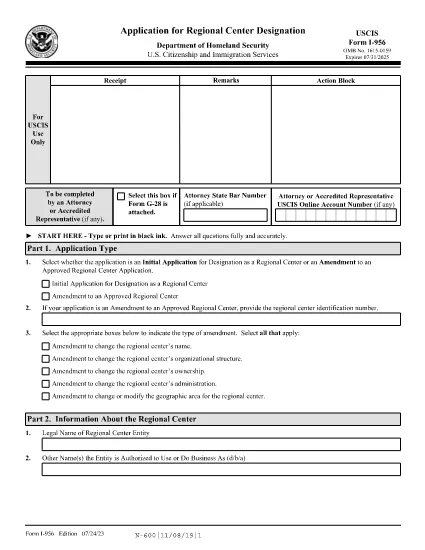 Form I-956, Application for Regional Center Designation