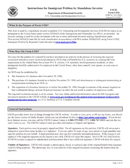 फॉर्म I-526 के लिए निर्देश, स्टैंडअलोन निवेशक द्वारा आप्रवासी याचिका