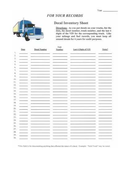 Nebraska IFTA Decal Inventory Sheet
