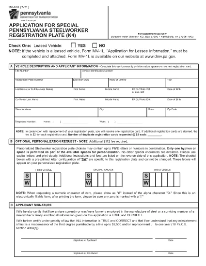 Form MV-910 Pennsylvania
