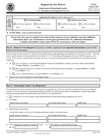Form I-912, Request for Fee Waiver