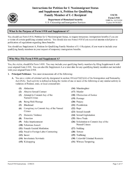 Instruções para o Formulário I-918, Suplemento A, Petição para Qualificar Membro da Família U-1 Recipiente