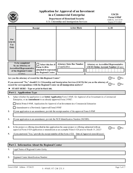 Form I-956F, Application for Approval of an Investment in a Commercial Enterprise