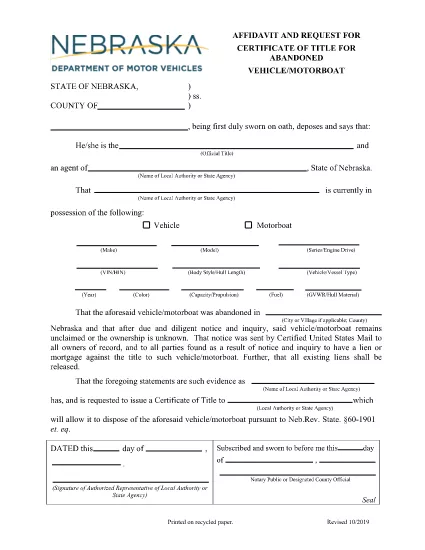 Affidavit and Requet for Certificate of Title for Abandoned Vehicle / Motorboat