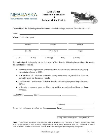 Nebraska Verificering / overførsel af Antique Motor Vehicle