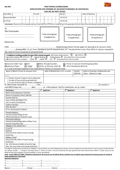 Indyjski Departament Poczt - formularz otwarcia konta SB