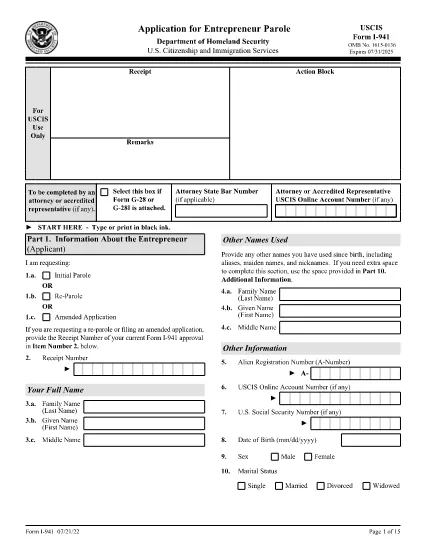 Form I-941, Application for Entrepreneur Parole