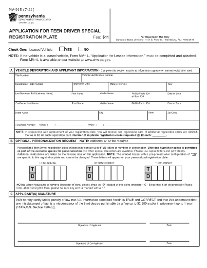 Form MV-915 Pennsylvania