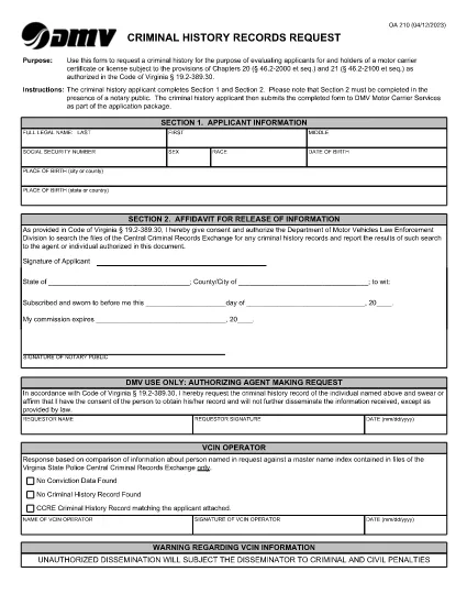 Form OA 210 Virginia