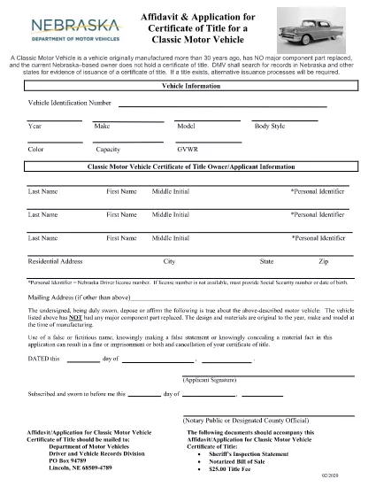 Nebraska Affidavit och Application for Certificate of Title för ett klassiskt motorfordon