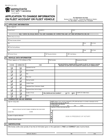 Formulário MV-674 Pensilvânia