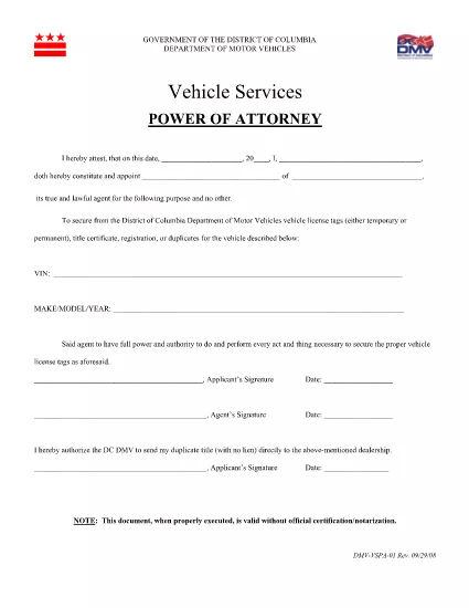 Form DMV-VSPA-01 Distrik Columbia