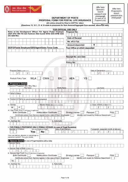 Indian Proposal Form for Postal Life Insurance