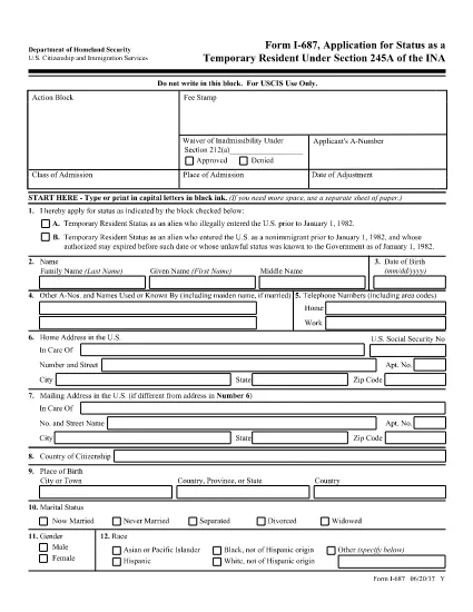 فرم I-687، درخواست وضعیت به عنوان یک اقامت موقت تحت بخش 245A از INA
