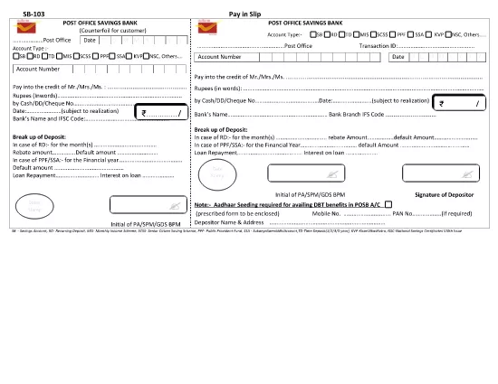Indian Department of Posts - Saving Bank Pay in Slip Application