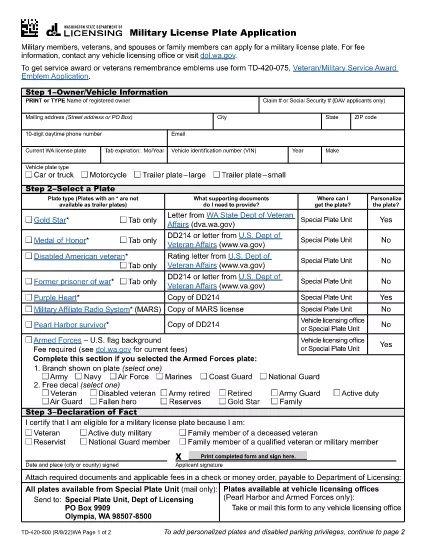 Militær licens plade ansøgning | Washington