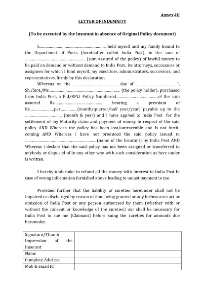 Indian Department of Posts - Letter of Indemnity