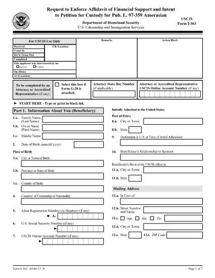 Formular I-363, Cerere de aplicare a unei declarații de susținere financiară și intenție de petiție pentru custodie pentru pub. L. 97-359 Amerasian