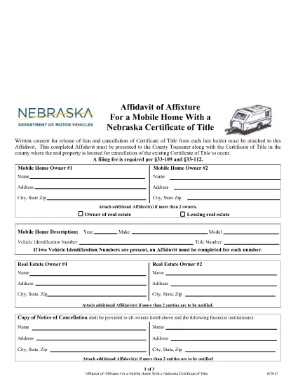Nebraska Affidavit of Affixture for the Mobile Home with a Nebraska Certificate of Name