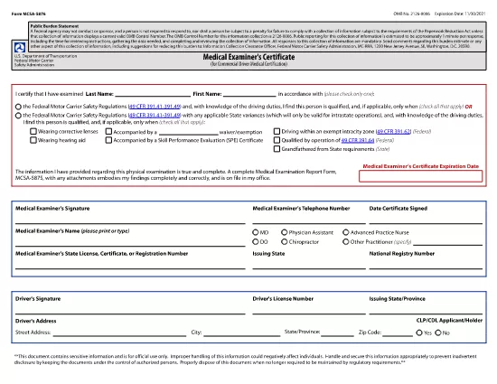 Fed Medical Certification (DOT Physical) Exam Form