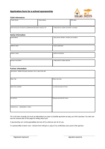 Skolesponsorship Application Form
