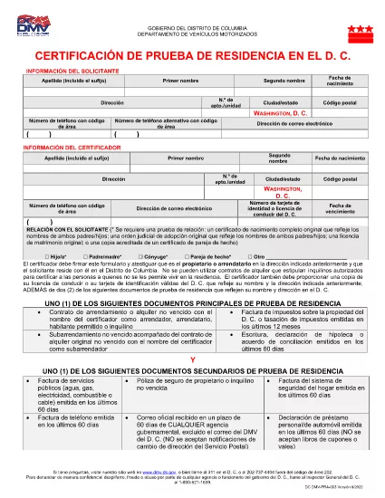 DC DMV Certificat de résidence (espagnol - Español)